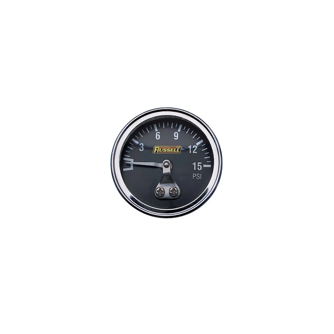 650330 – RUSSELL/EDEL Gauge Fuel Pressure, 15 psi fuel pressure gauge (Liquid-filled) 1-1/2 Inch Diameter Short Liqui...